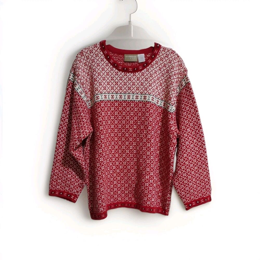 Liz Claiborne Lizwear Petite Red & White Snowflake Cotton Sweater Size Large PL